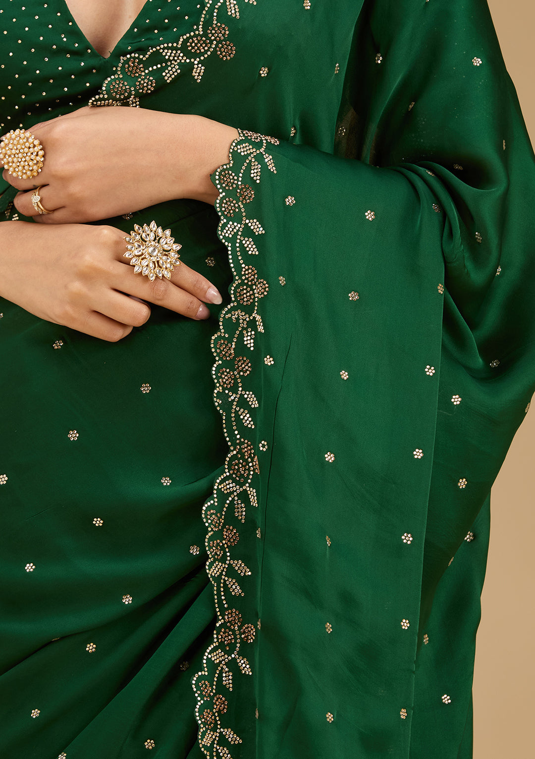 Bottle Green Satin Gold Stonework Saree With Matching Blouse Piece