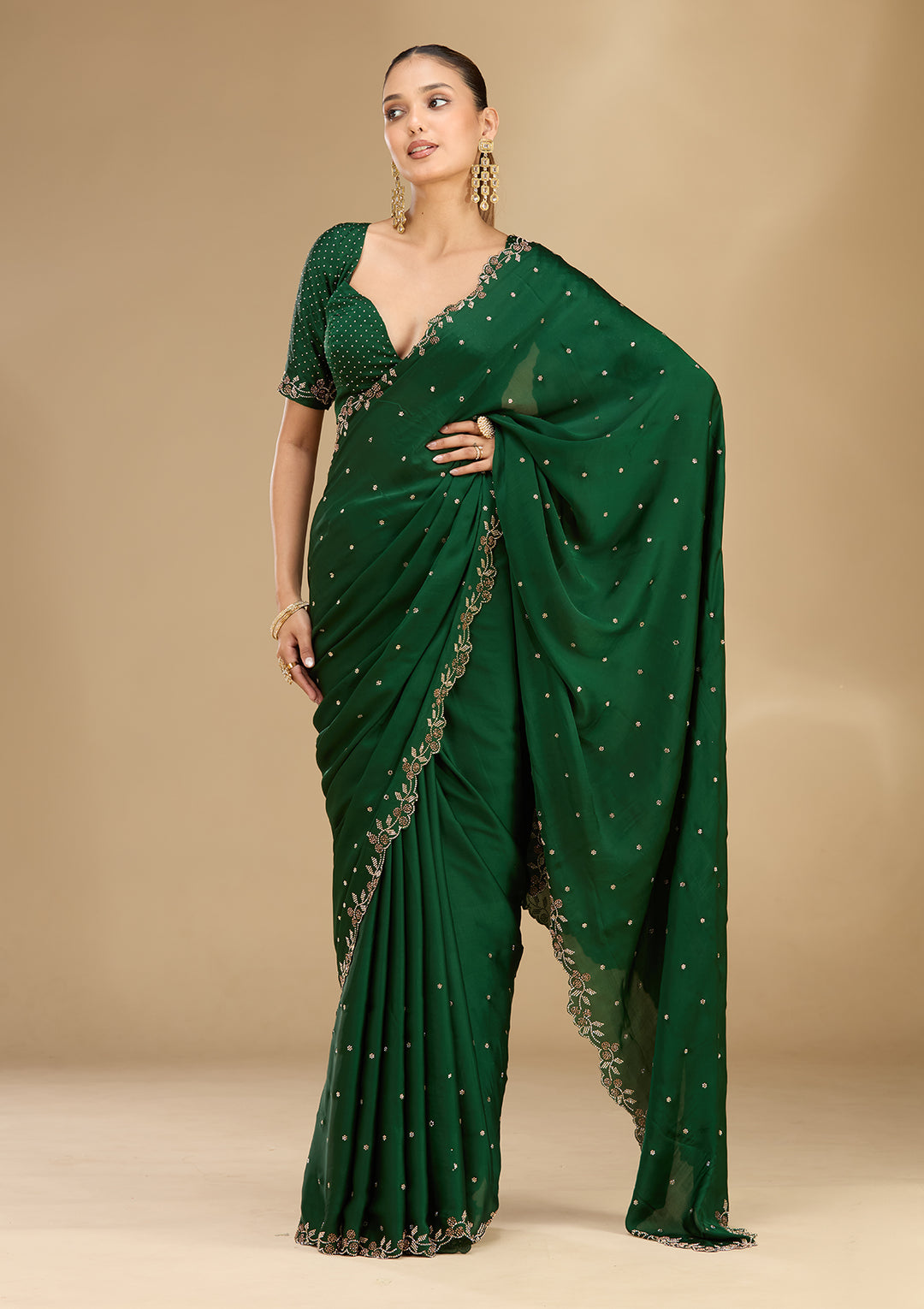 Bottle Green Satin Gold Stonework Saree With Matching Blouse Piece