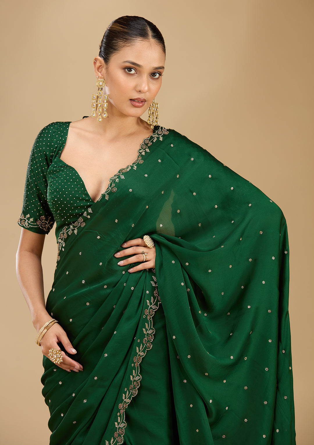 Bottle Green Satin Gold Stonework Saree With Matching Blouse Piece