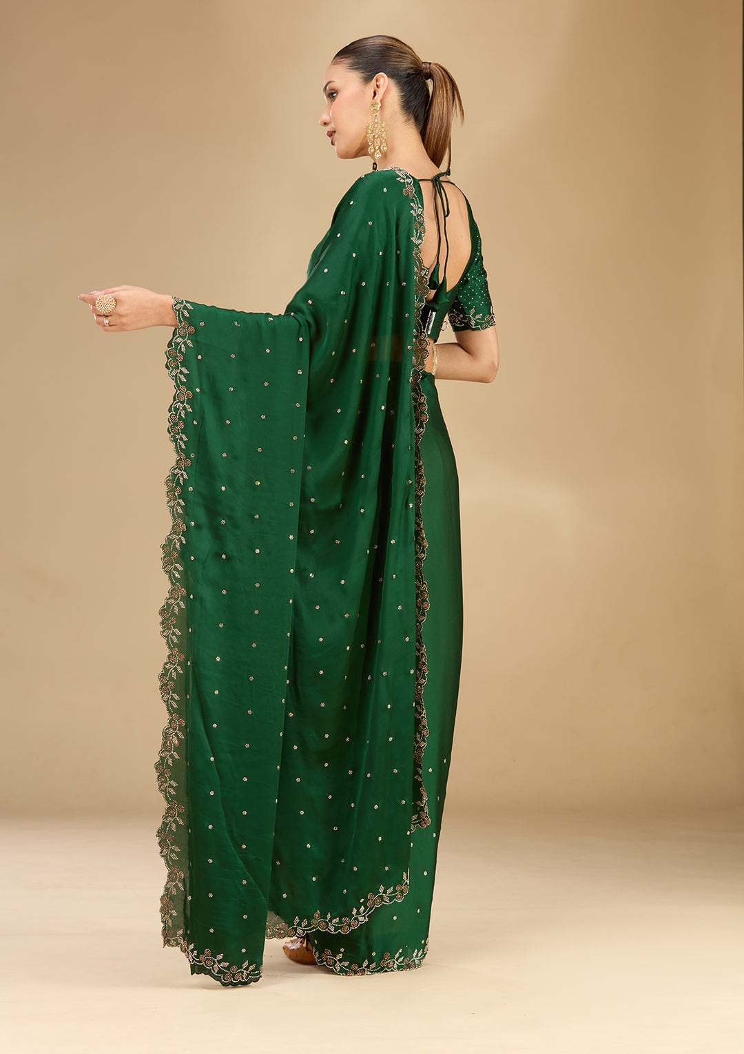 Bottle Green Satin Gold Stonework Saree With Matching Blouse Piece