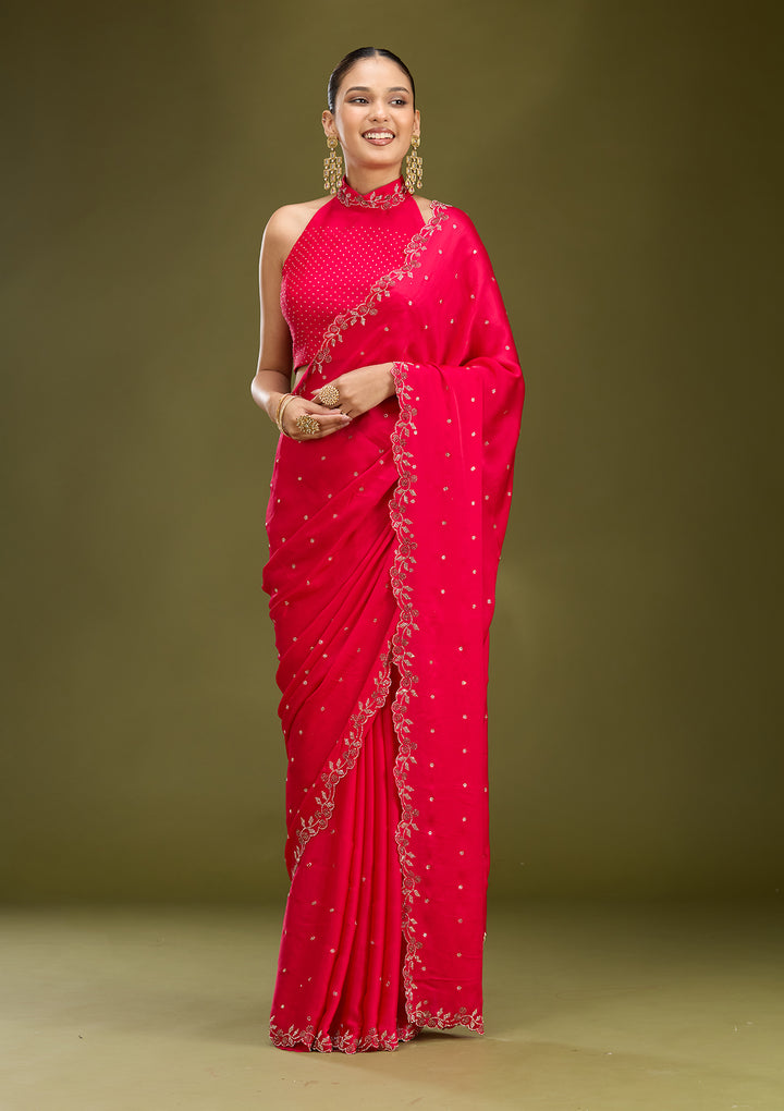 Rani Pink Satin Gold Stonework Saree With Matching Blouse Piece