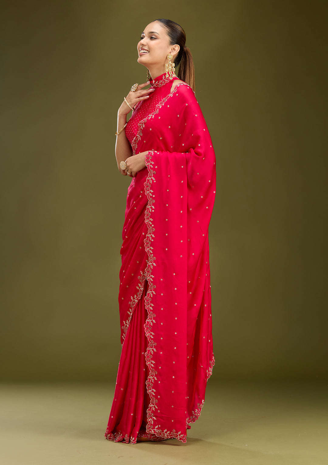 Rani Pink Satin Gold Stonework Saree With Matching Blouse Piece