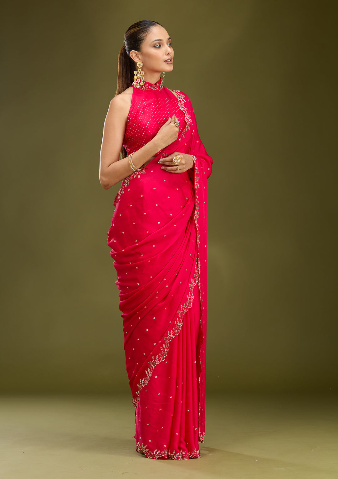 Rani Pink Satin Gold Stonework Saree With Matching Blouse Piece