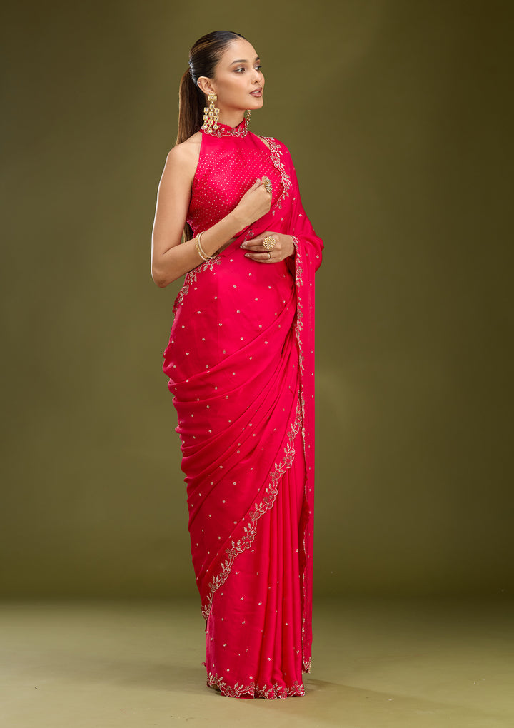 Rani Pink Satin Gold Stonework Saree With Matching Blouse Piece