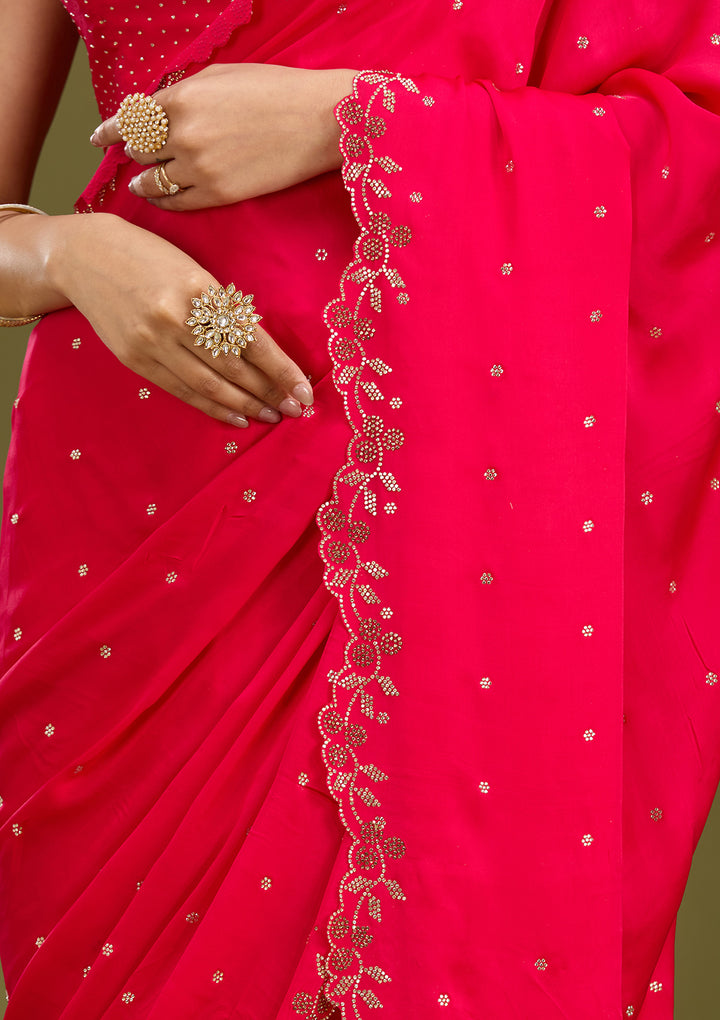 Rani Pink Satin Gold Stonework Saree With Matching Blouse Piece
