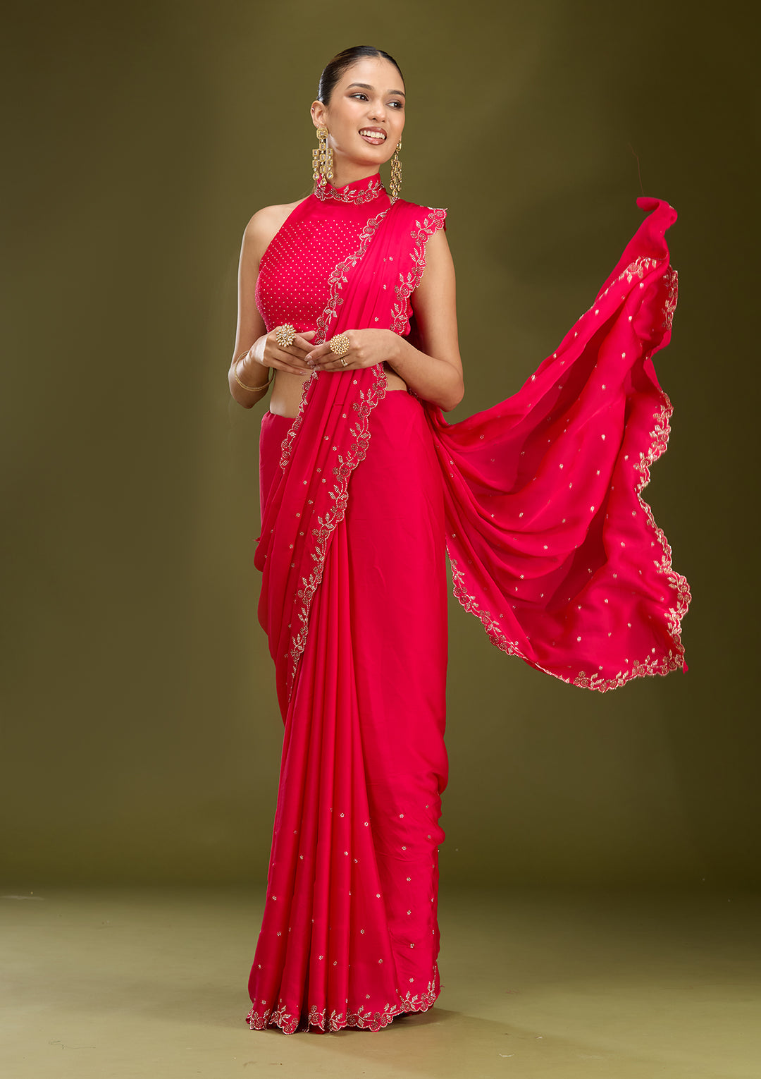 Rani Pink Satin Gold Stonework Saree With Matching Blouse Piece