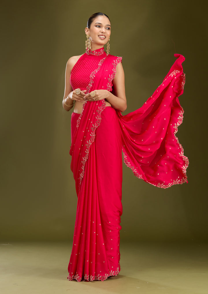 Rani Pink Satin Gold Stonework Saree With Matching Blouse Piece