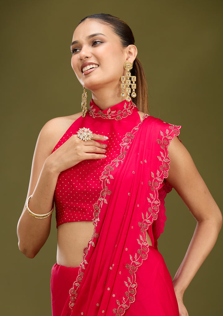 Rani Pink Satin Gold Stonework Saree With Matching Blouse Piece