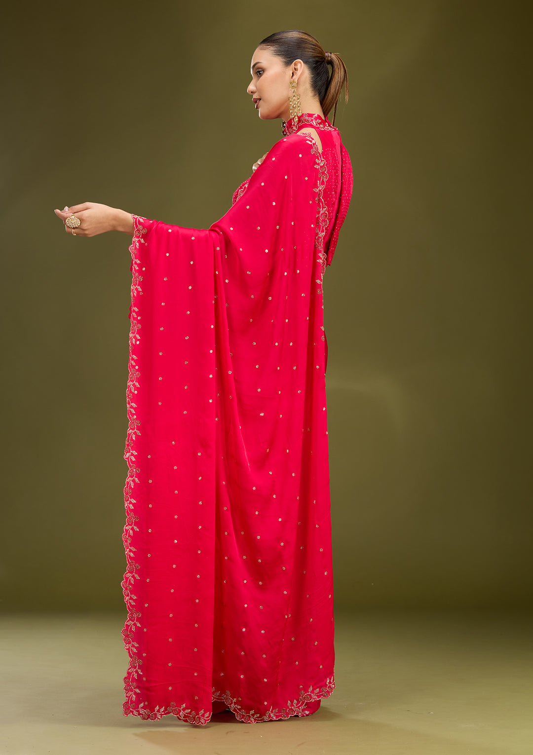 Rani Pink Satin Gold Stonework Saree With Matching Blouse Piece