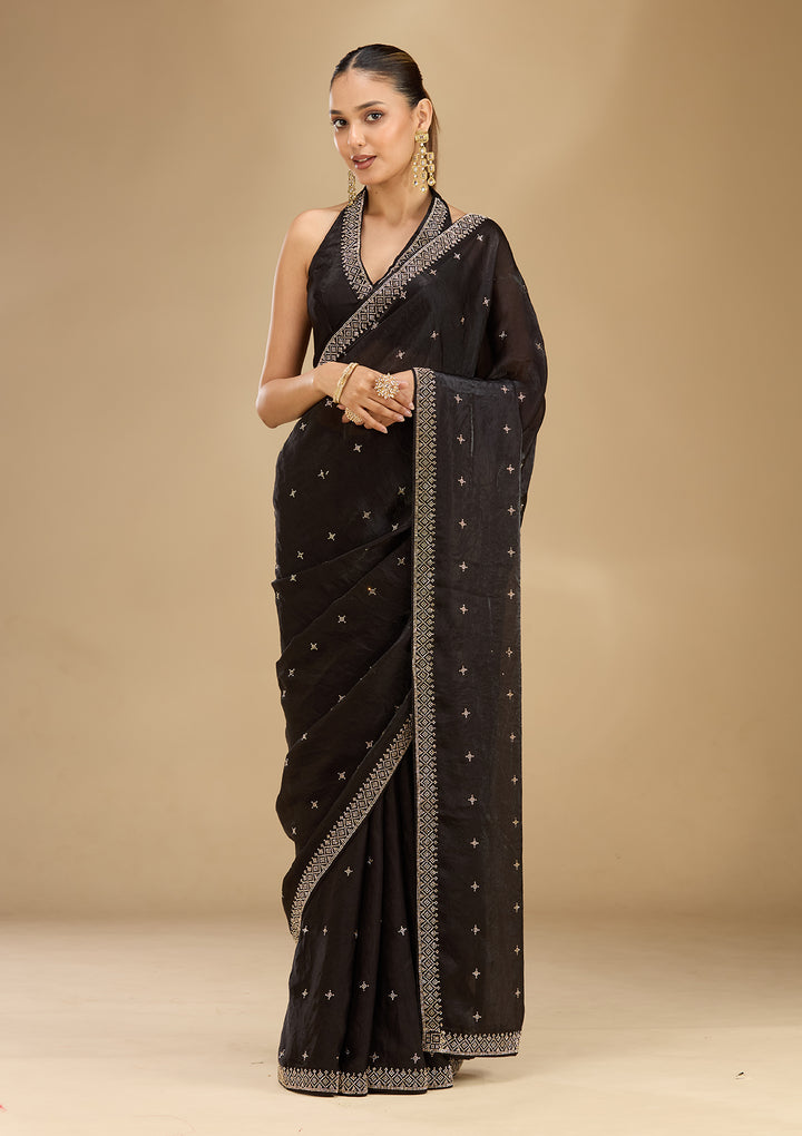 Black Satin Gold Stonework Saree With Matching Blouse Piece