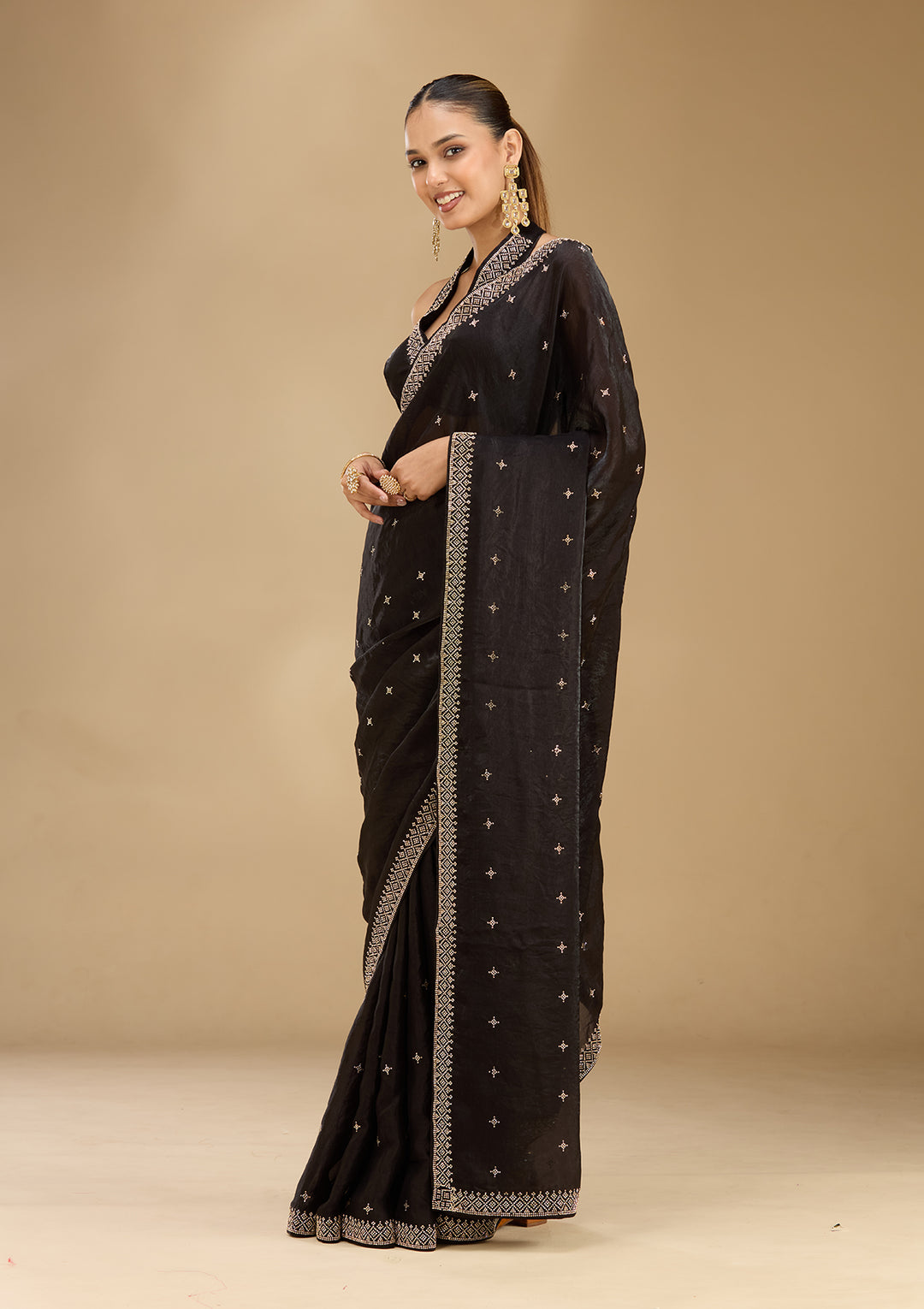 Black Satin Gold Stonework Saree With Matching Blouse Piece