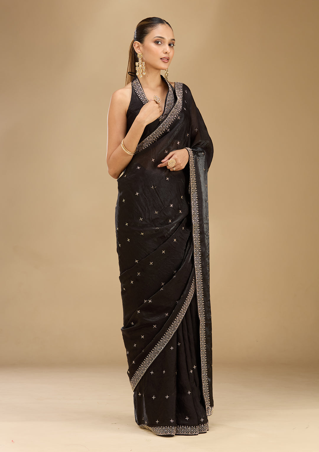 Black Satin Gold Stonework Saree With Matching Blouse Piece