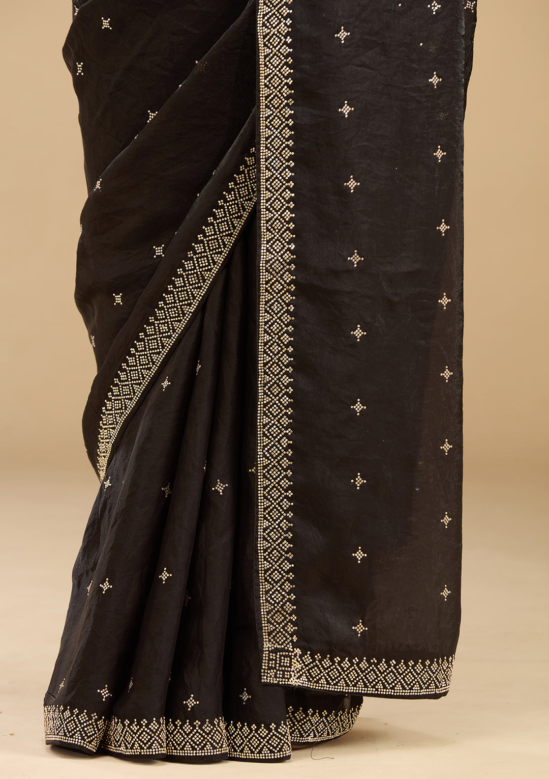 Black Satin Gold Stonework Saree With Matching Blouse Piece