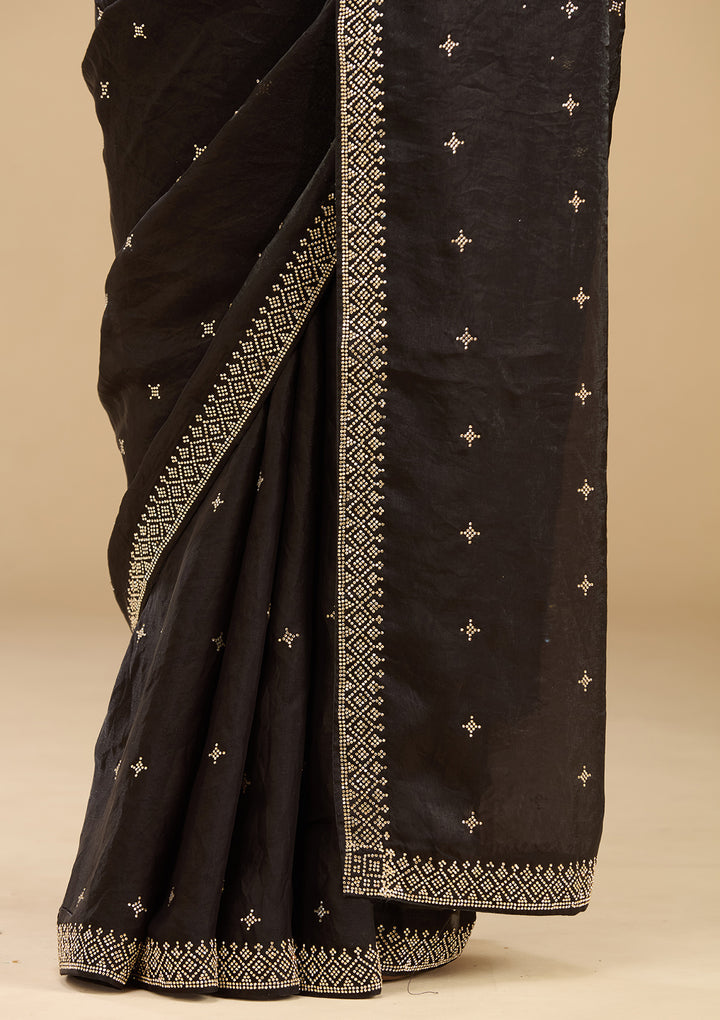 Black Satin Gold Stonework Saree With Matching Blouse Piece