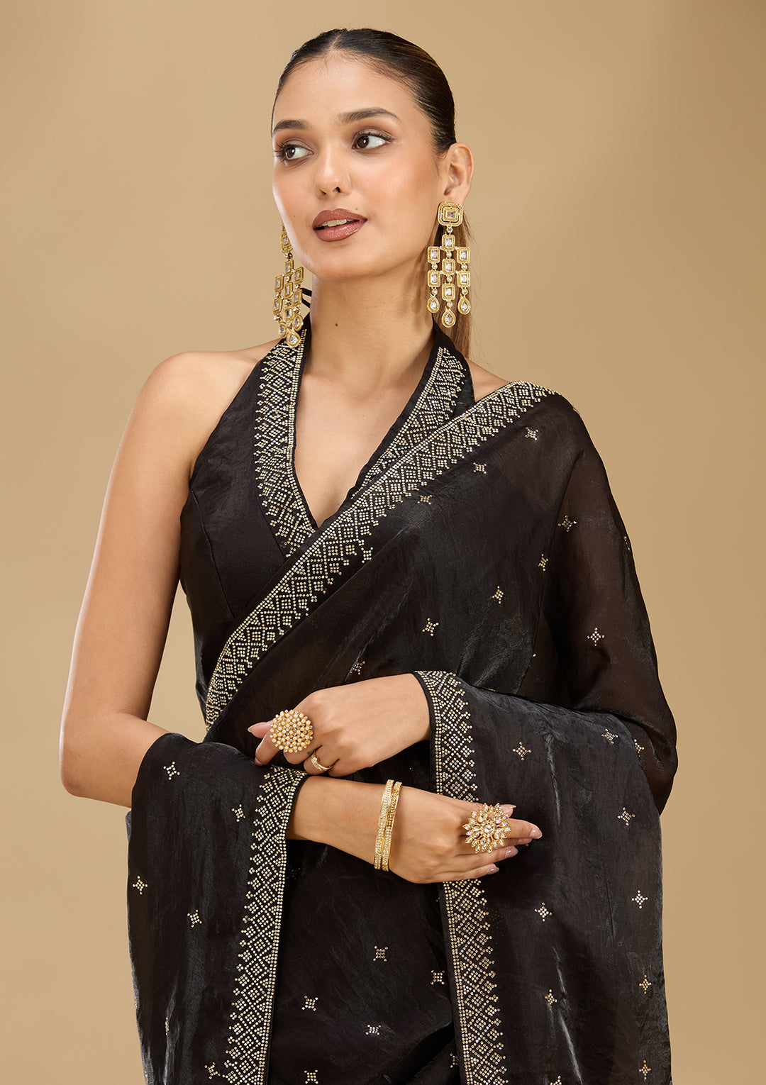 Black Satin Gold Stonework Saree With Matching Blouse Piece