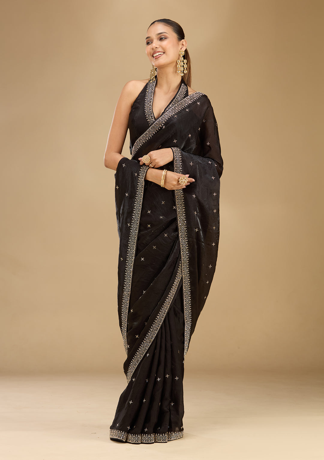 Black Satin Gold Stonework Saree With Matching Blouse Piece