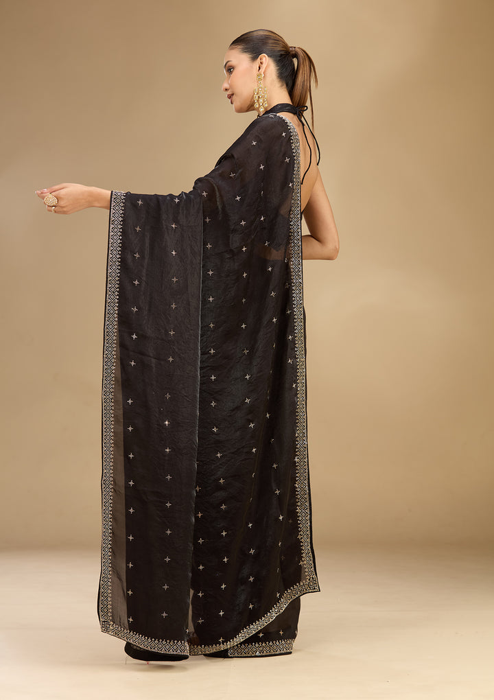 Black Satin Gold Stonework Saree With Matching Blouse Piece