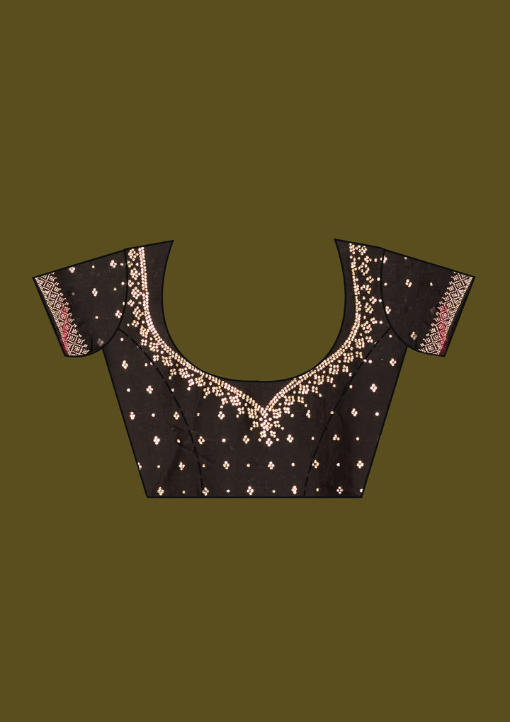 Black Satin Gold Stonework Saree With Matching Blouse Piece