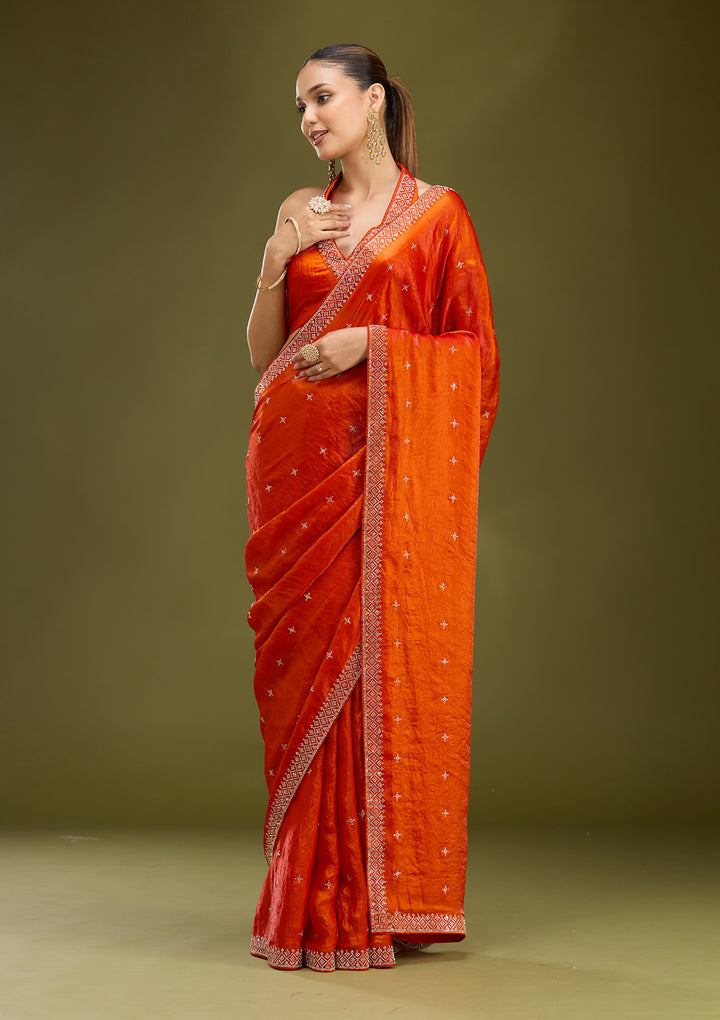 Orange Satin Gold Stonework Saree With Matching Blouse Piece