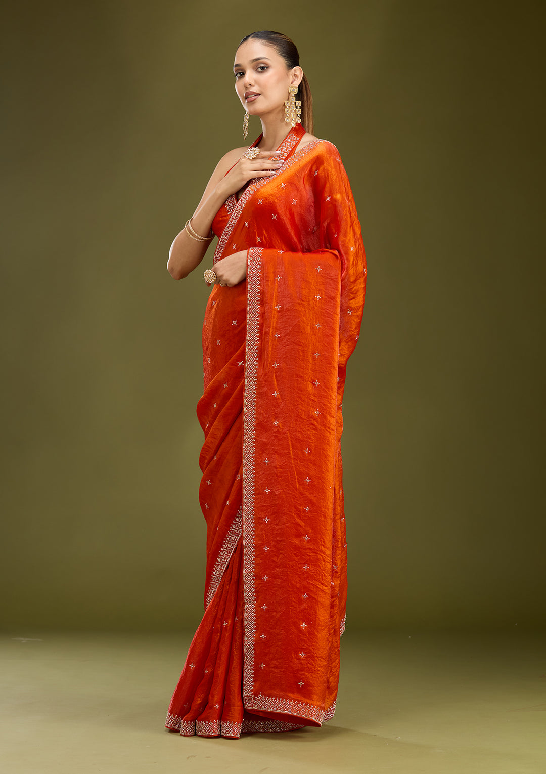 Orange Satin Gold Stonework Saree With Matching Blouse Piece