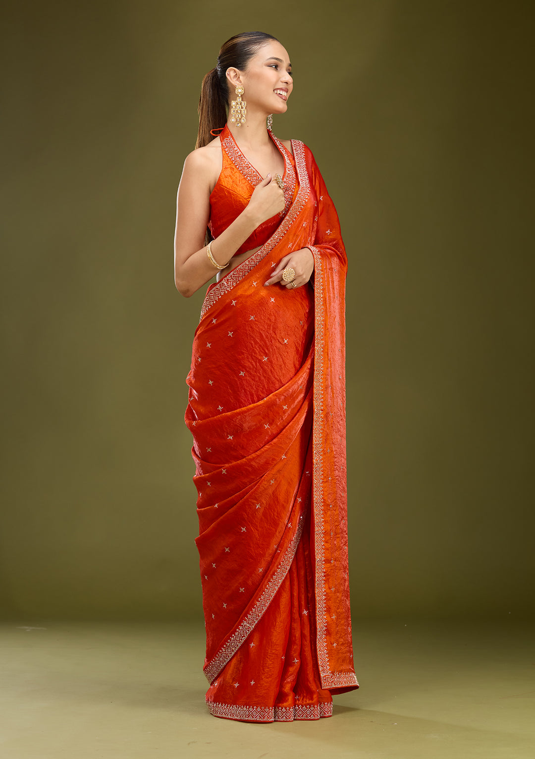 Orange Satin Gold Stonework Saree With Matching Blouse Piece