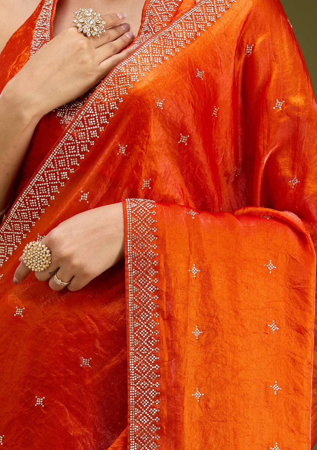 Orange Satin Gold Stonework Saree With Matching Blouse Piece