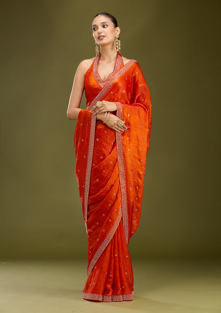 Orange Satin Gold Stonework Saree With Matching Blouse Piece