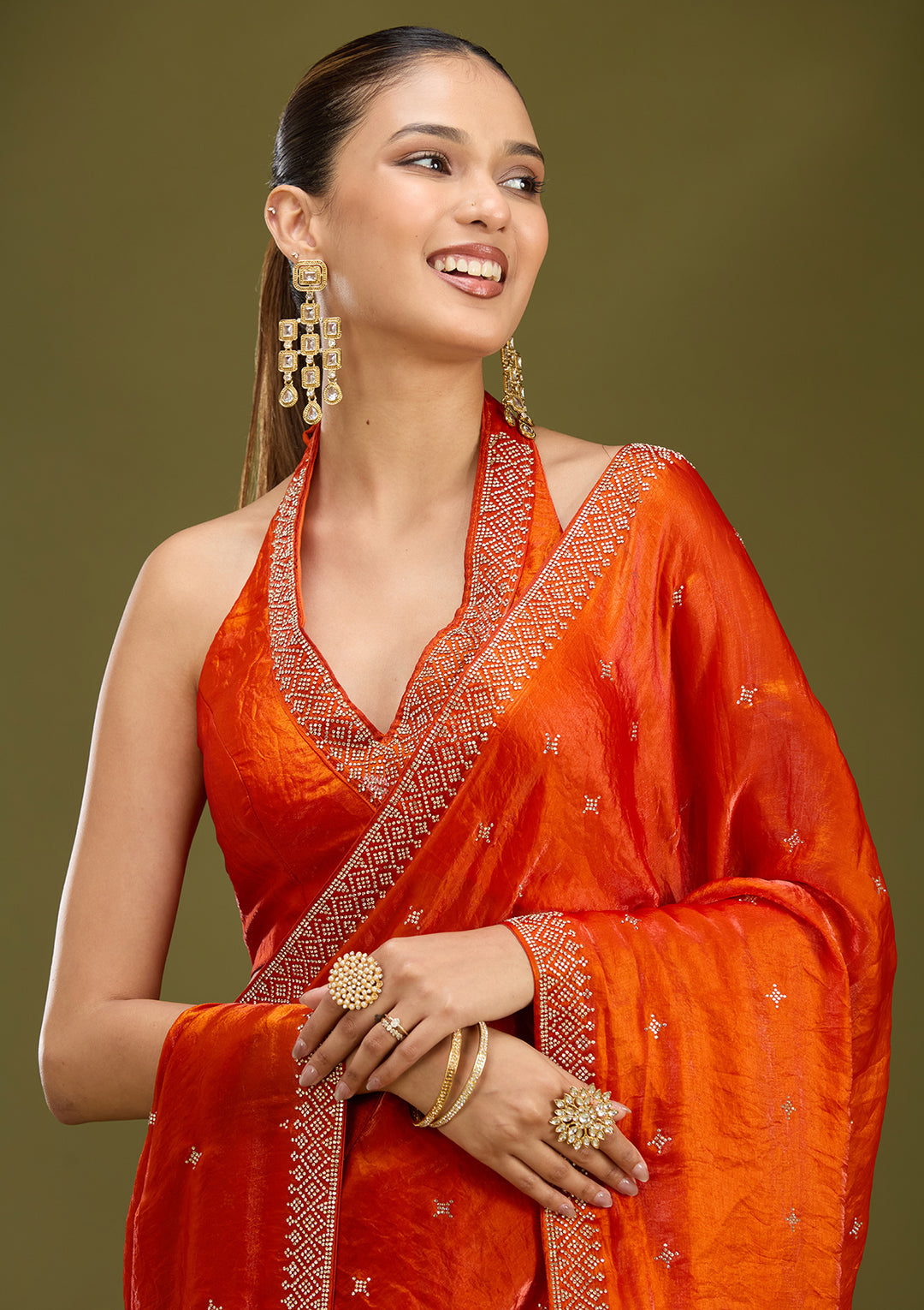 Orange Satin Gold Stonework Saree With Matching Blouse Piece