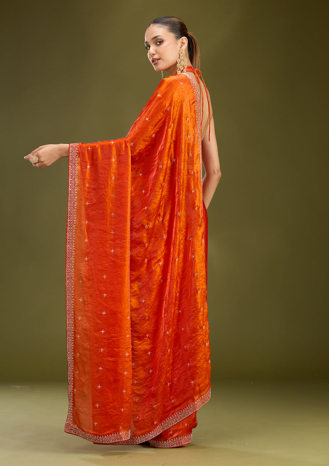 Orange Satin Gold Stonework Saree With Matching Blouse Piece