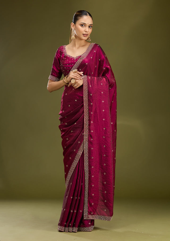 Wine Satin Gold Stonework Saree With Matching Blouse Piece