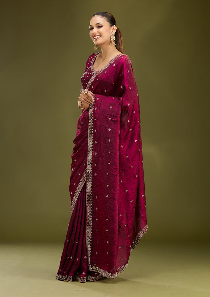 Wine Satin Gold Stonework Saree With Matching Blouse Piece