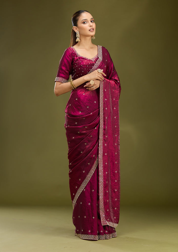 Wine Satin Gold Stonework Saree With Matching Blouse Piece