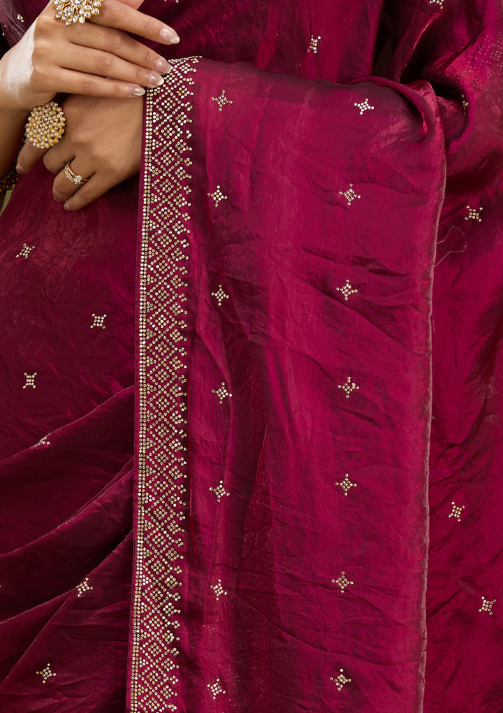 Wine Satin Gold Stonework Saree With Matching Blouse Piece