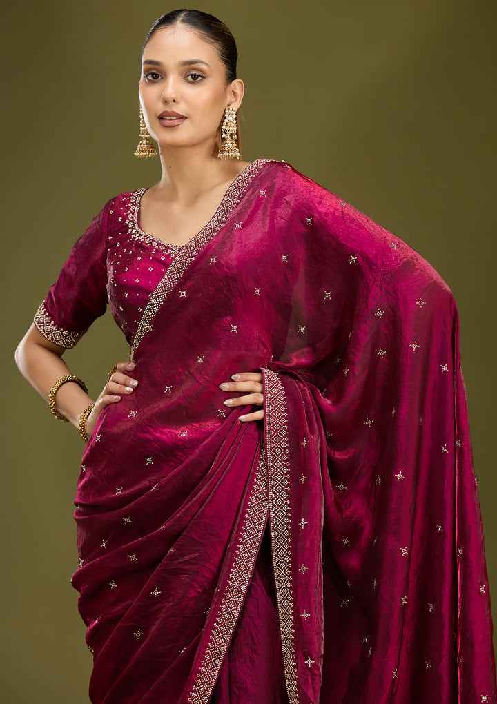 Wine Satin Gold Stonework Saree With Matching Blouse Piece