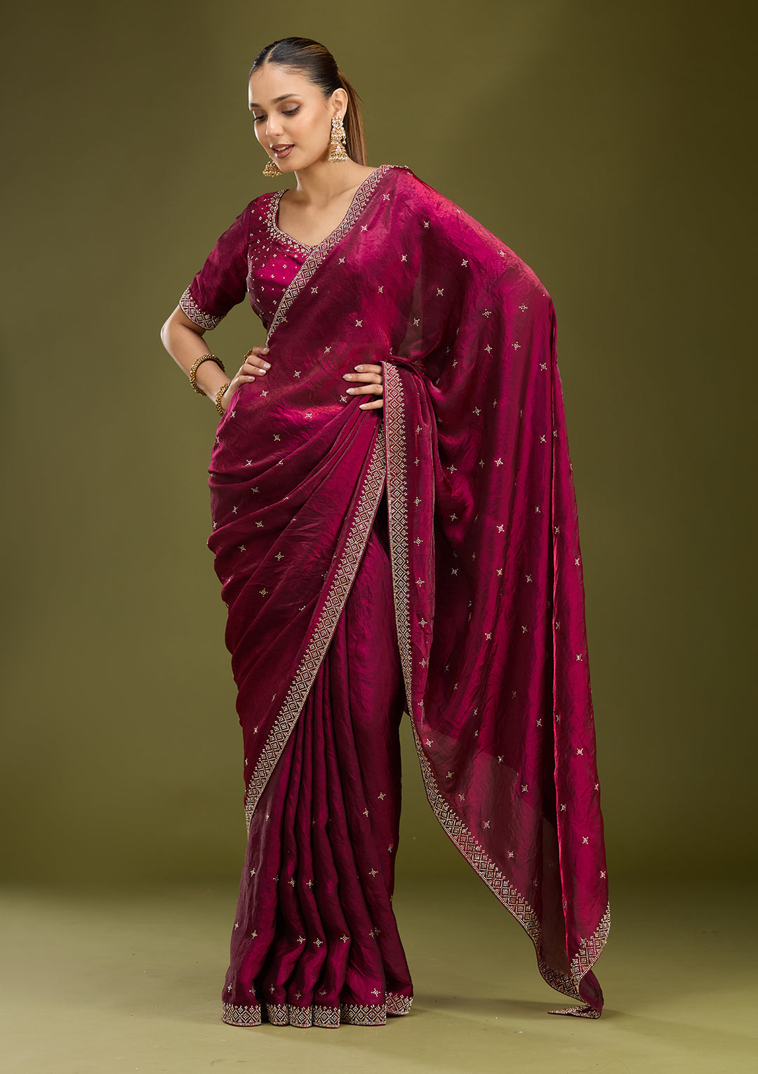 Wine Satin Gold Stonework Saree With Matching Blouse Piece