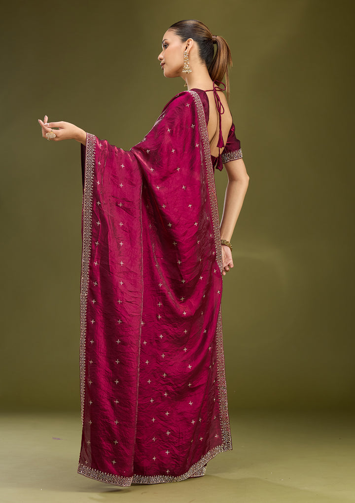Wine Satin Gold Stonework Saree With Matching Blouse Piece