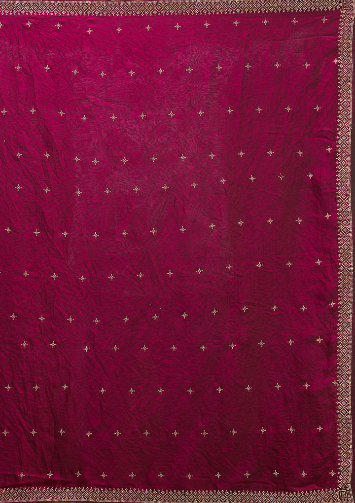 Wine Satin Gold Stonework Saree With Matching Blouse Piece