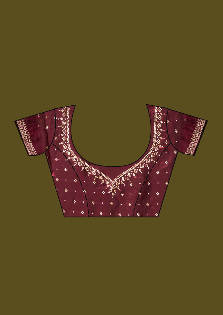 Wine Satin Gold Stonework Saree With Matching Blouse Piece