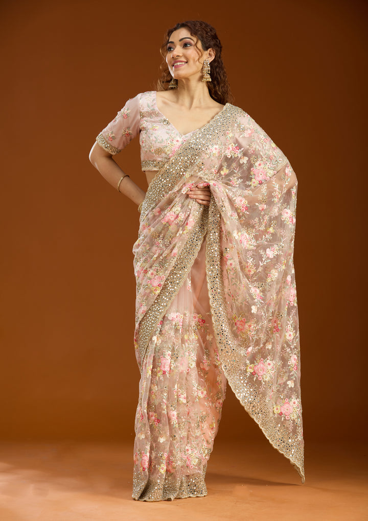 Baby Pink Net Mirrorwork Saree With Matching Blouse Piece