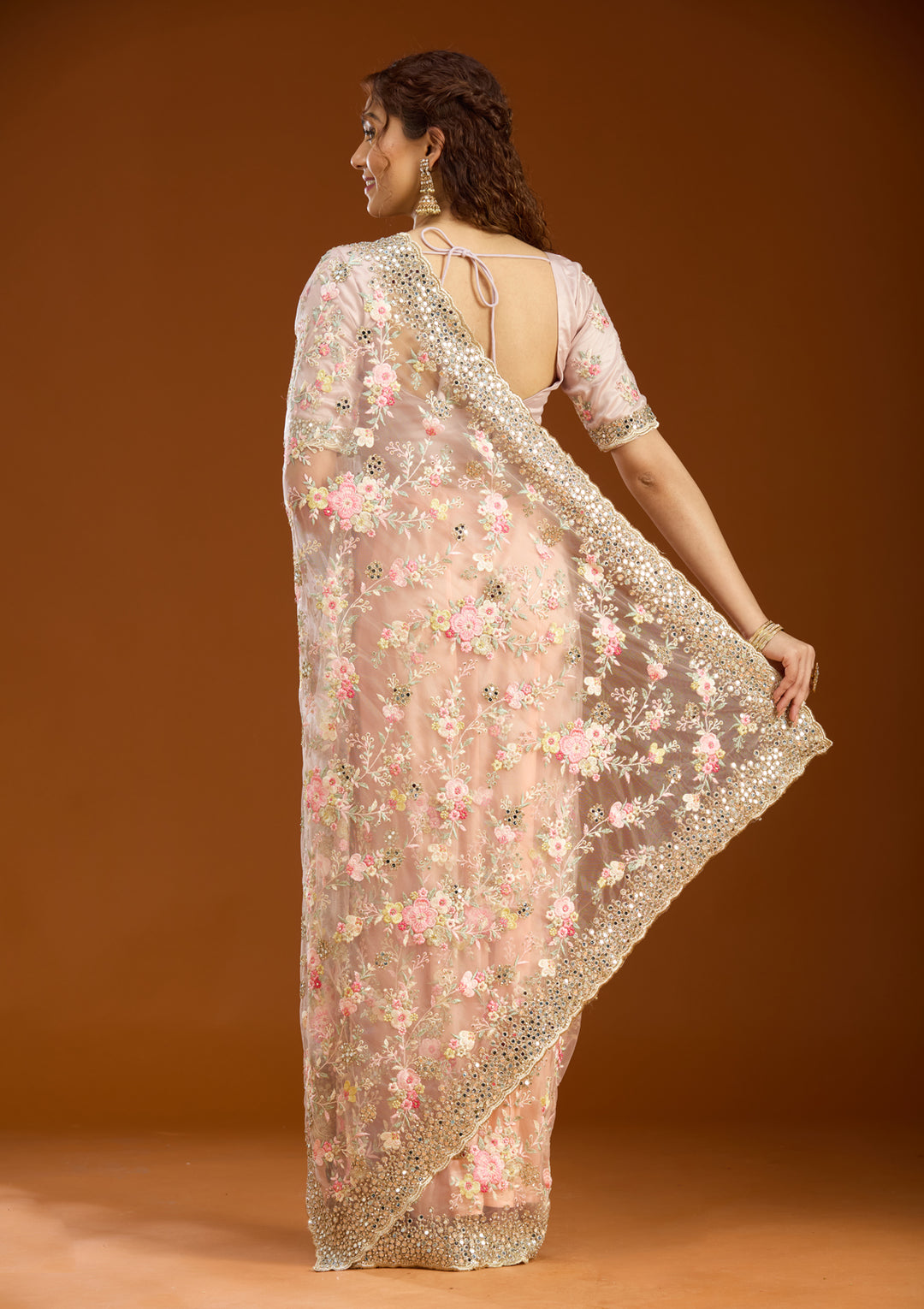 Baby Pink Net Mirrorwork Saree With Matching Blouse Piece