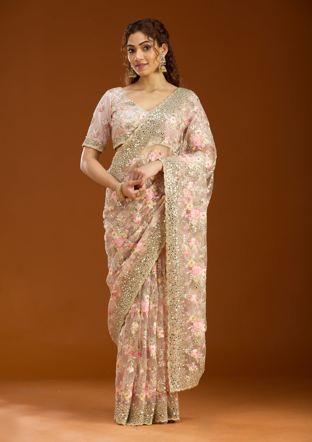 Baby Pink Net Mirrorwork Saree With Matching Blouse Piece