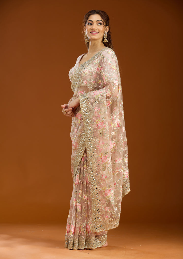 Baby Pink Net Mirrorwork Saree With Matching Blouse Piece