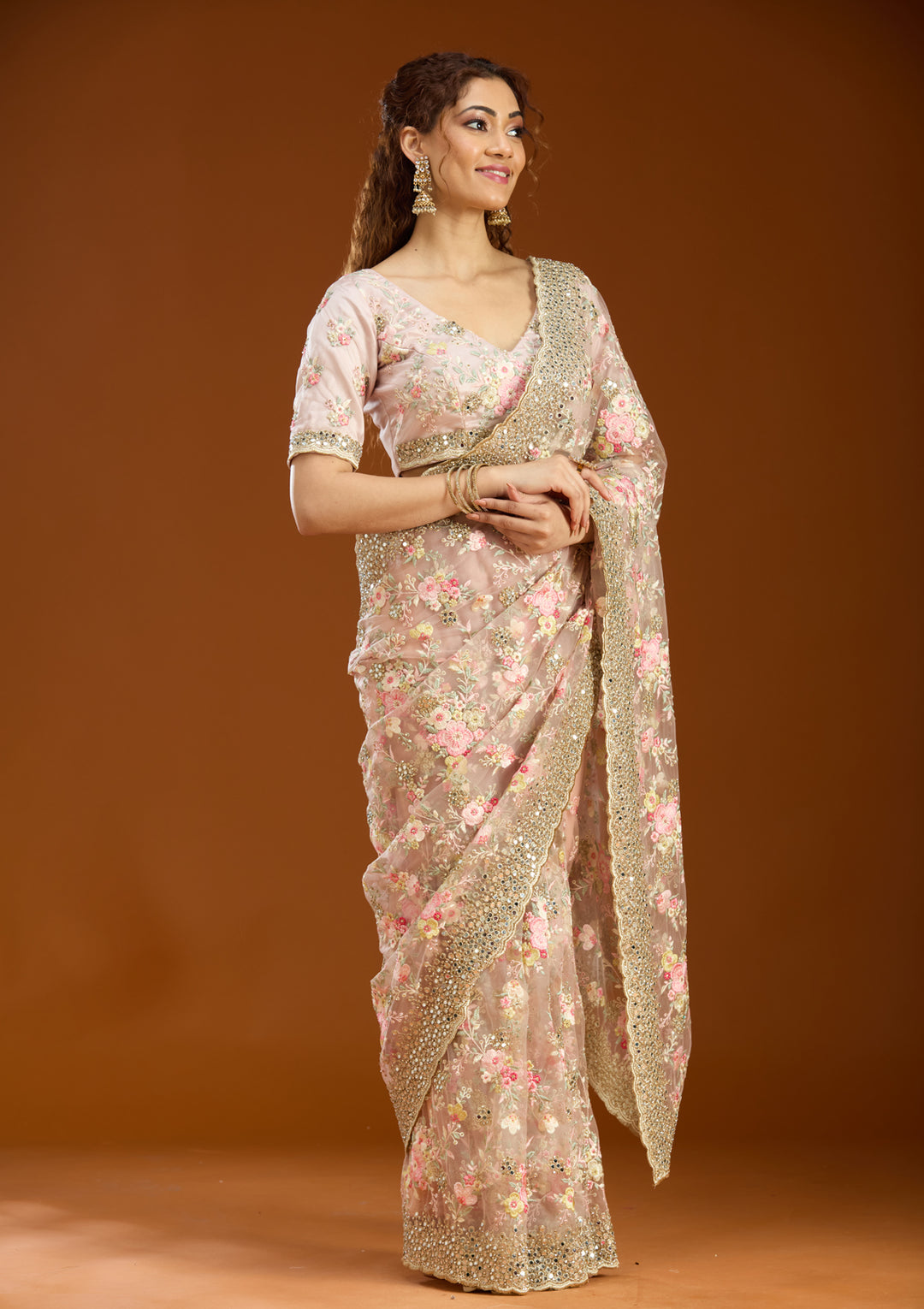 Baby Pink Net Mirrorwork Saree With Matching Blouse Piece