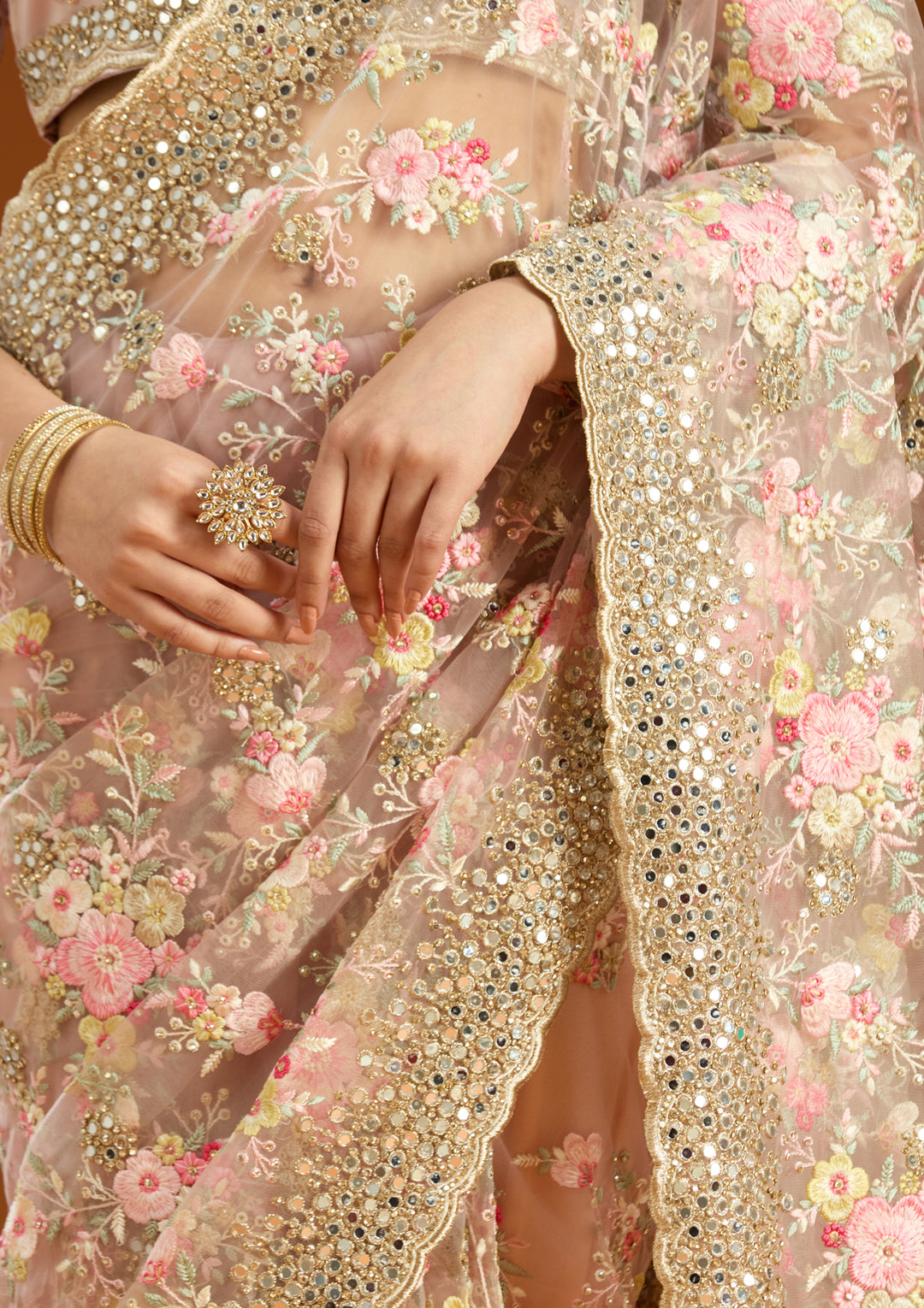 Baby Pink Net Mirrorwork Saree With Matching Blouse Piece