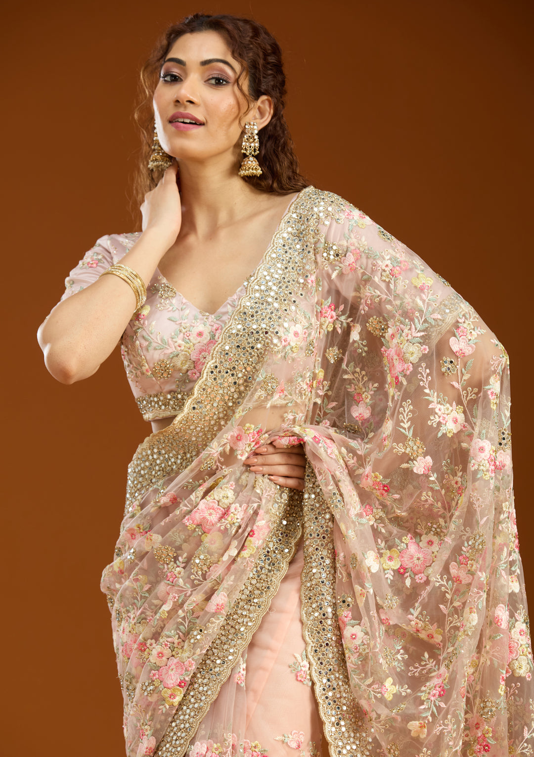 Baby Pink Net Mirrorwork Saree With Matching Blouse Piece