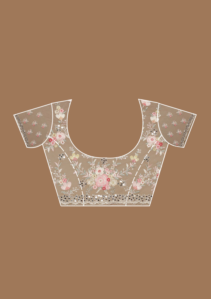 Baby Pink Net Mirrorwork Saree With Matching Blouse Piece