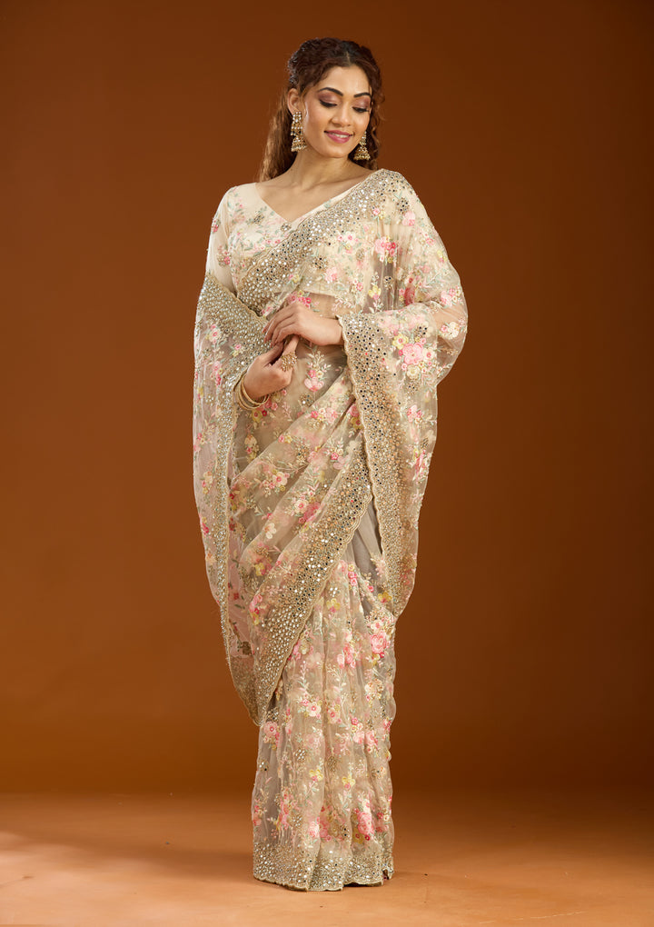 Cream Net Mirrorwork Saree With Matching Blouse Piece