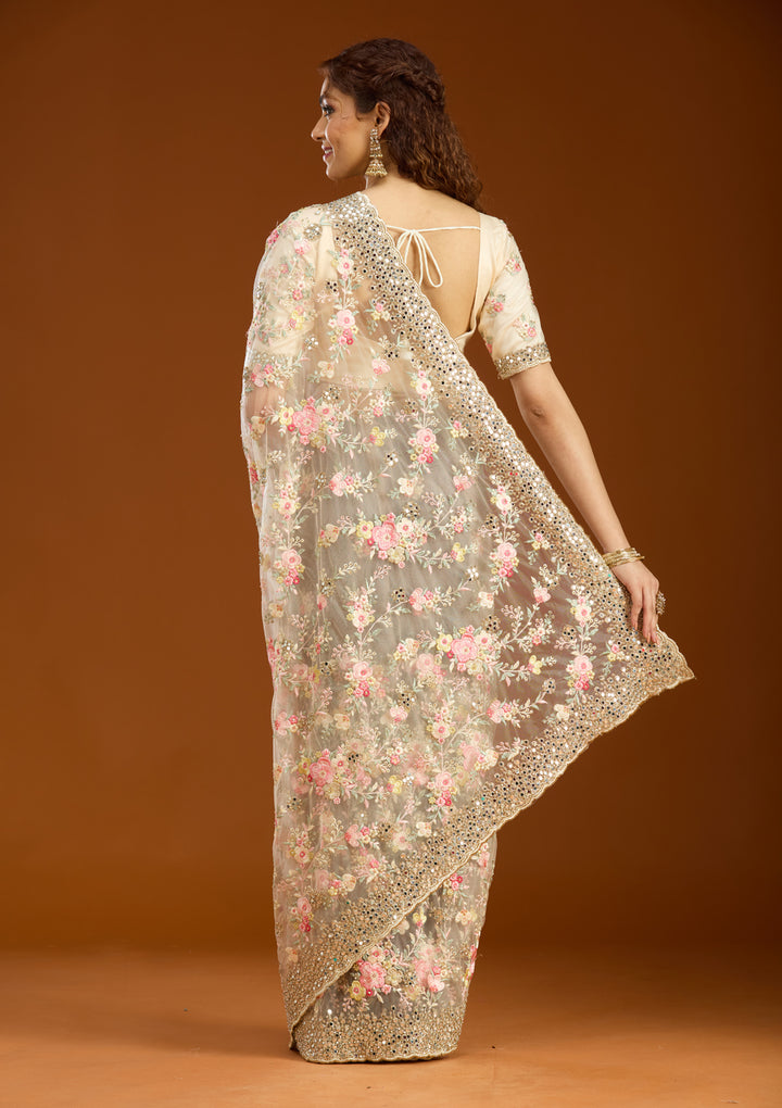 Cream Net Mirrorwork Saree With Matching Blouse Piece