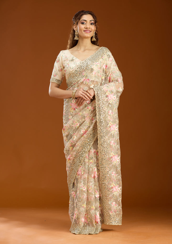 Cream Net Mirrorwork Saree With Matching Blouse Piece