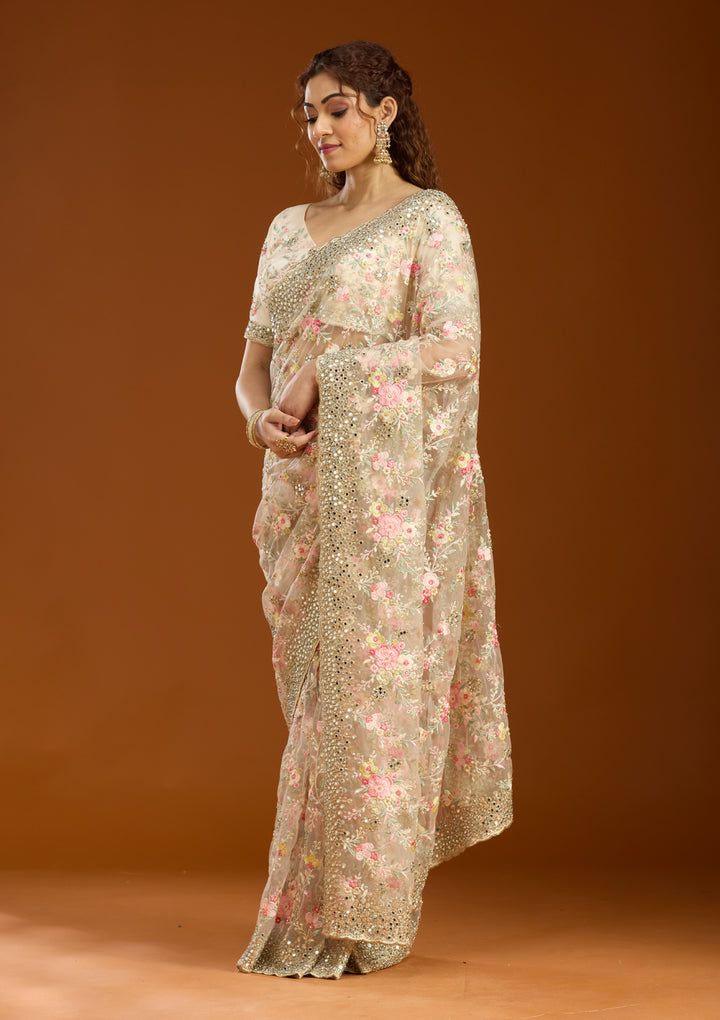 Cream Net Mirrorwork Saree With Matching Blouse Piece